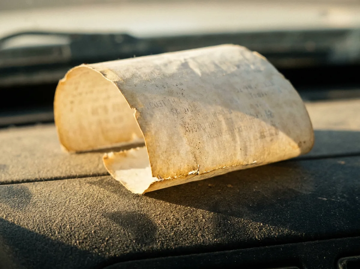 A thermal paper receipt on a dashboard, its printing faded to almost nothing