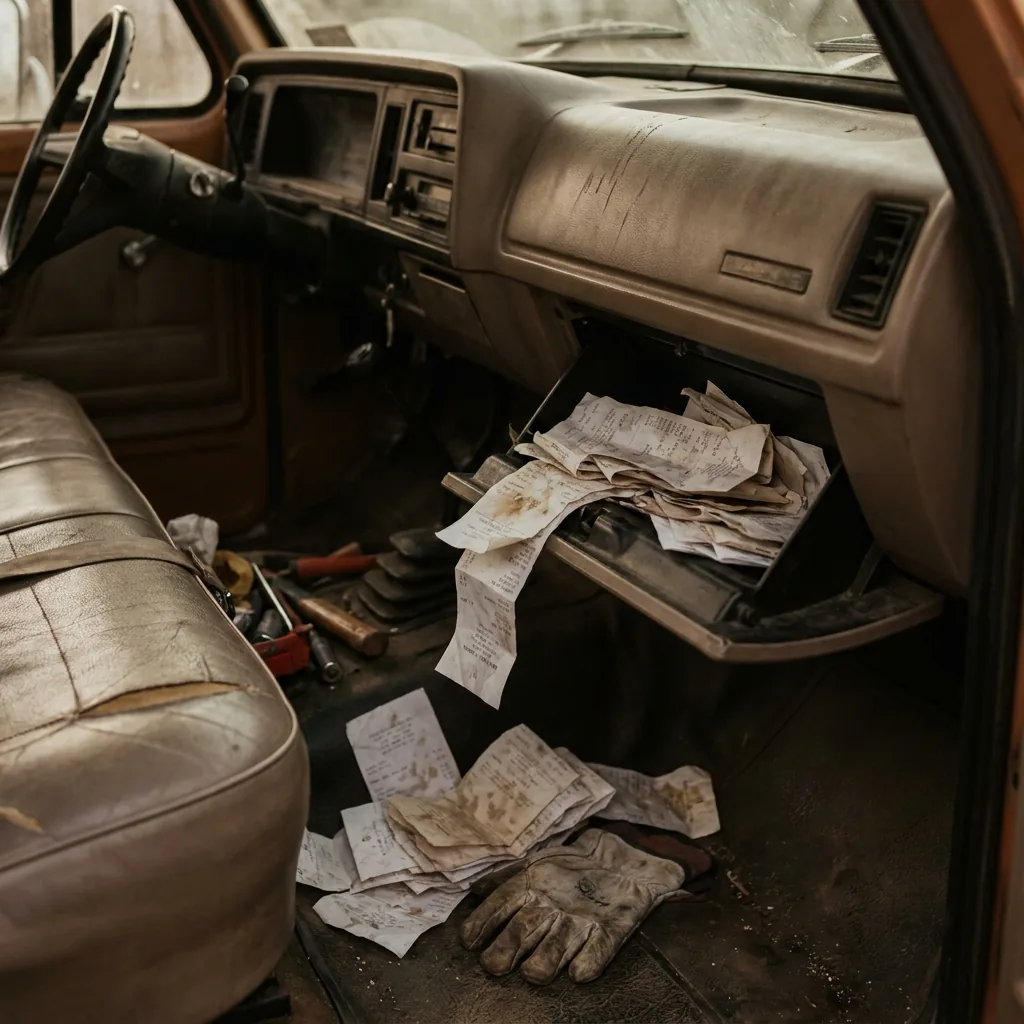 An open glove compartment crammed with crumpled paper receipts