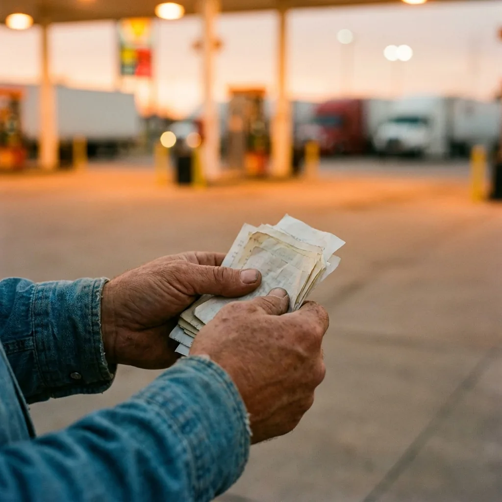 A driver's hands holding a stack of crumpled receipts at a truck stop fuel island