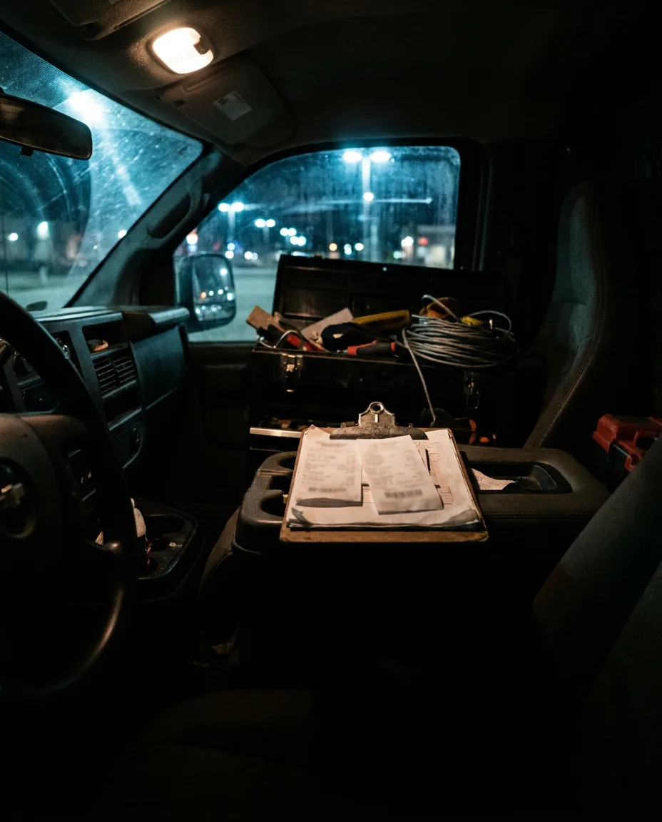 The inside of a work van at night, a clipboard of receipts resting on the centre console with tools and coiled wire stacked behind