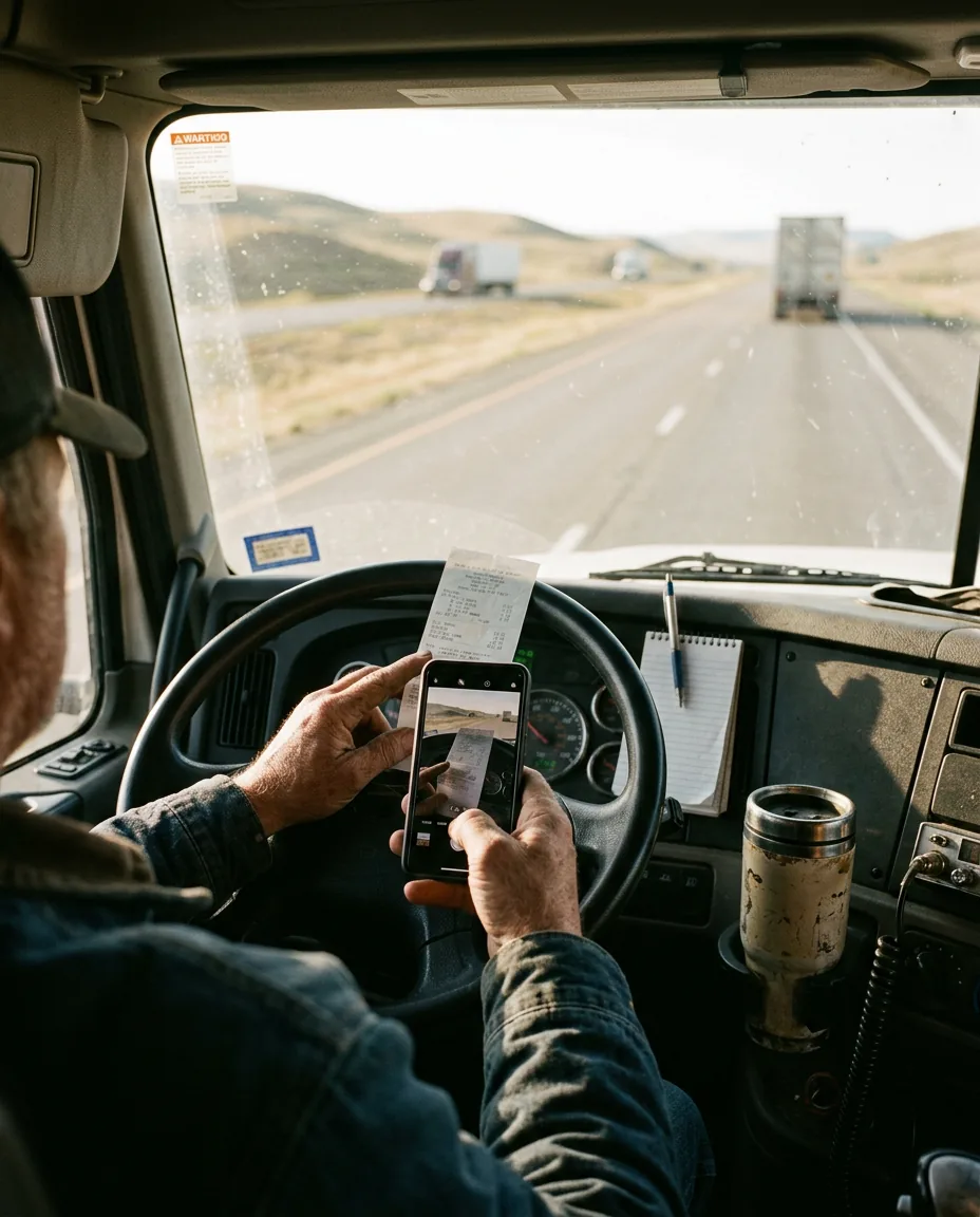 A driver photographing a fuel receipt on the steering wheel of a truck cab