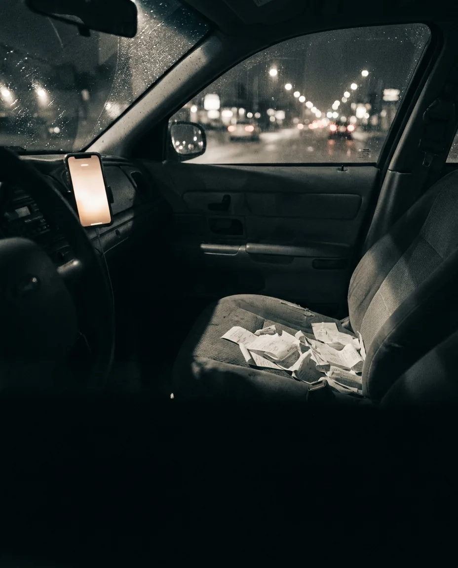 The front of a car at night with a phone glowing in its dash mount, crumpled receipts scattered across the passenger seat and a wet city street outside