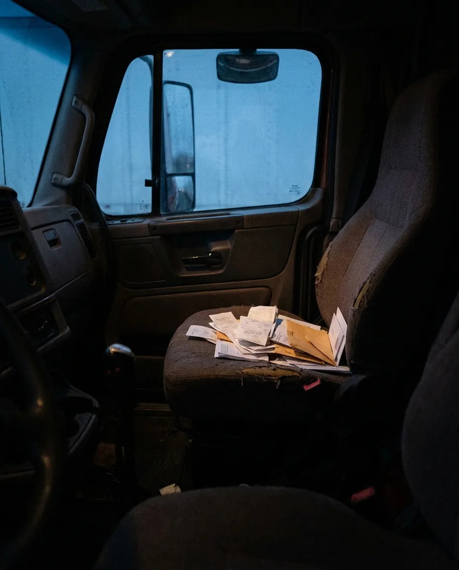 The passenger seat of a truck cab at dusk, covered in a loose pile of receipts and paperwork envelopes