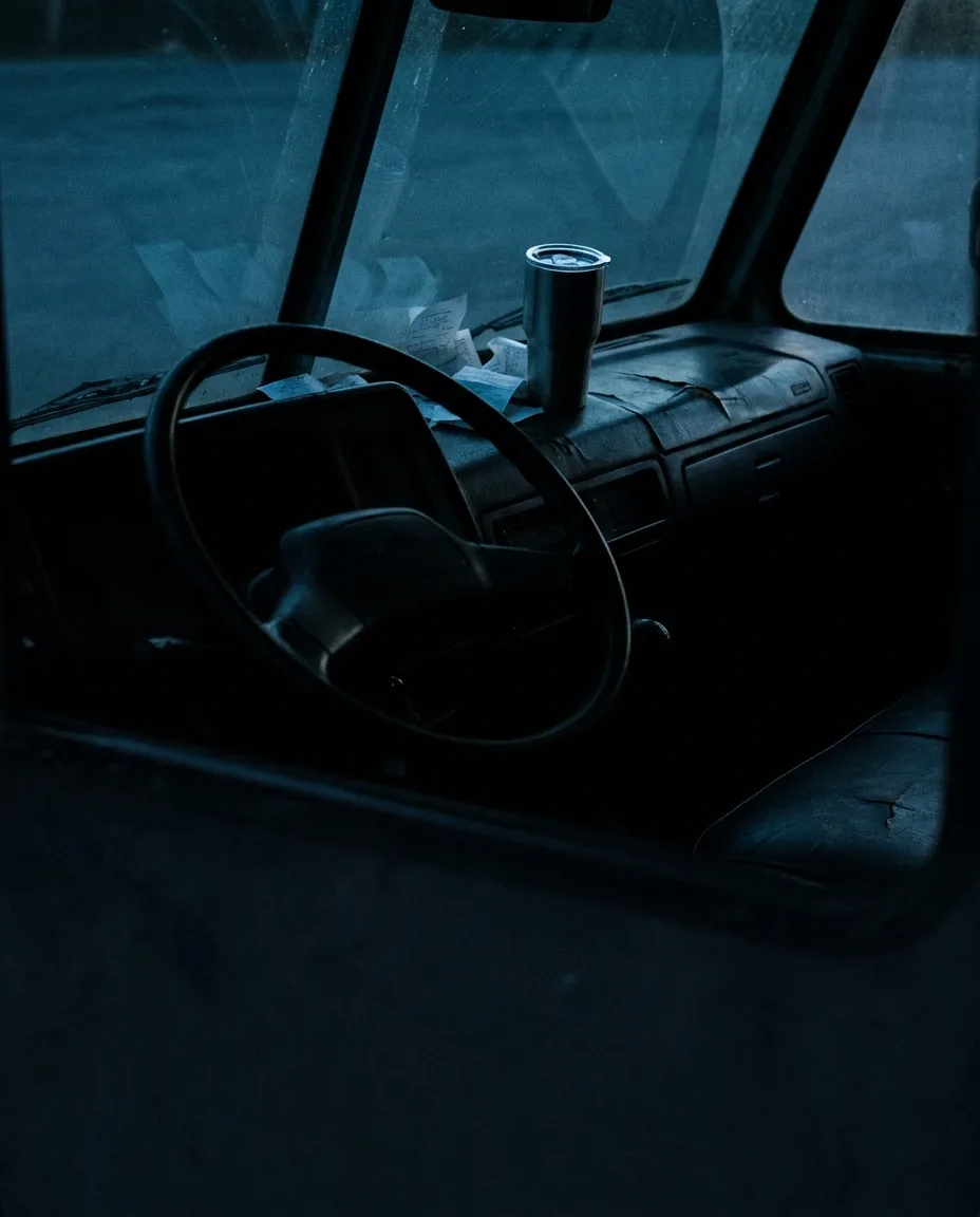 The cab of an older delivery truck before dawn, a travel mug on the dashboard and a few receipts tucked against the windscreen