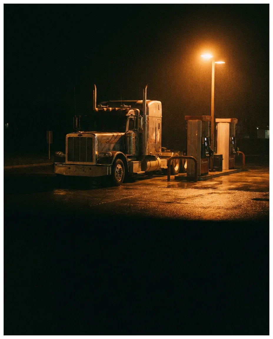 A sleeper semi truck parked alone at a truck stop fuel island at night, lit by a single overhead lamp on wet asphalt