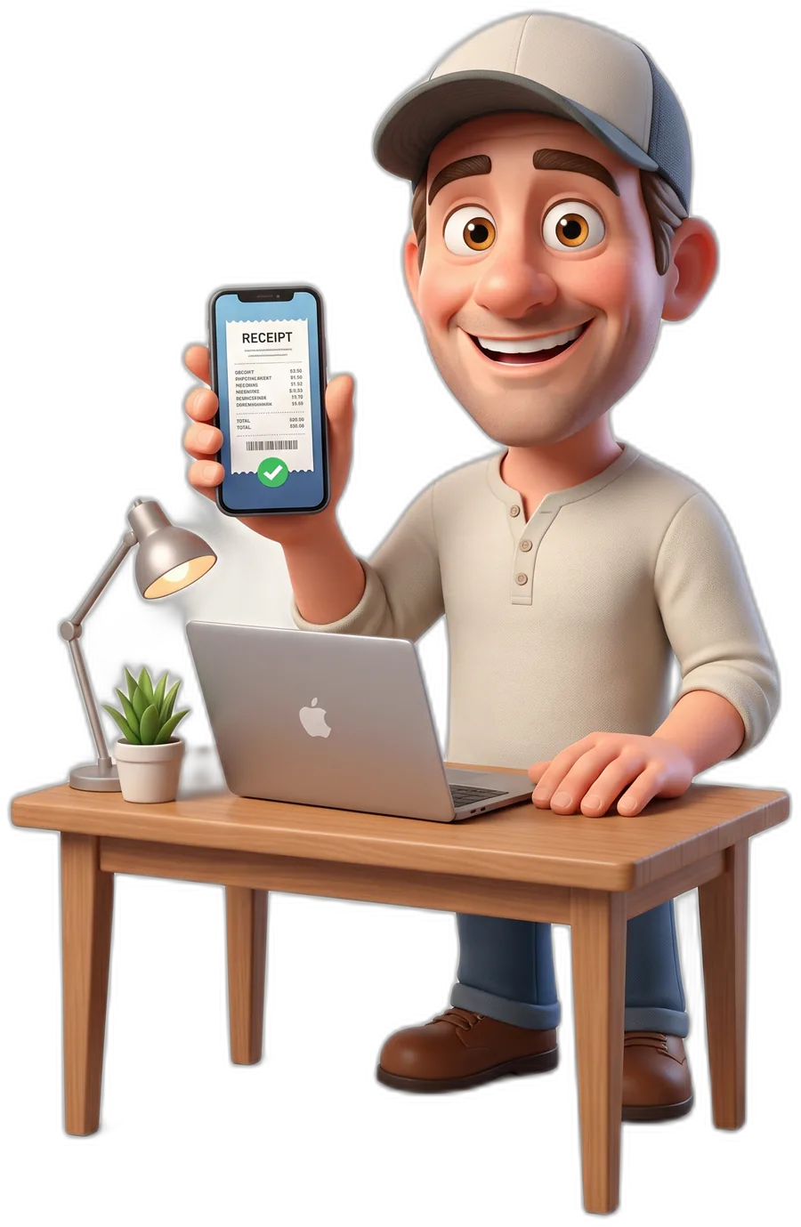 The CabSnap contractor at his desk with a laptop, holding up a phone showing a captured receipt