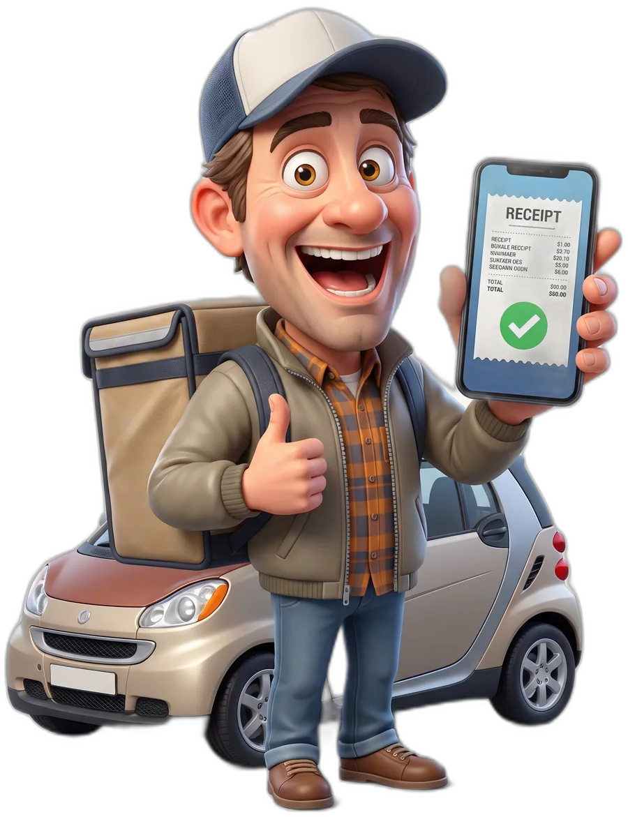 The CabSnap driver with a delivery bag on his back, holding up a phone showing a captured receipt