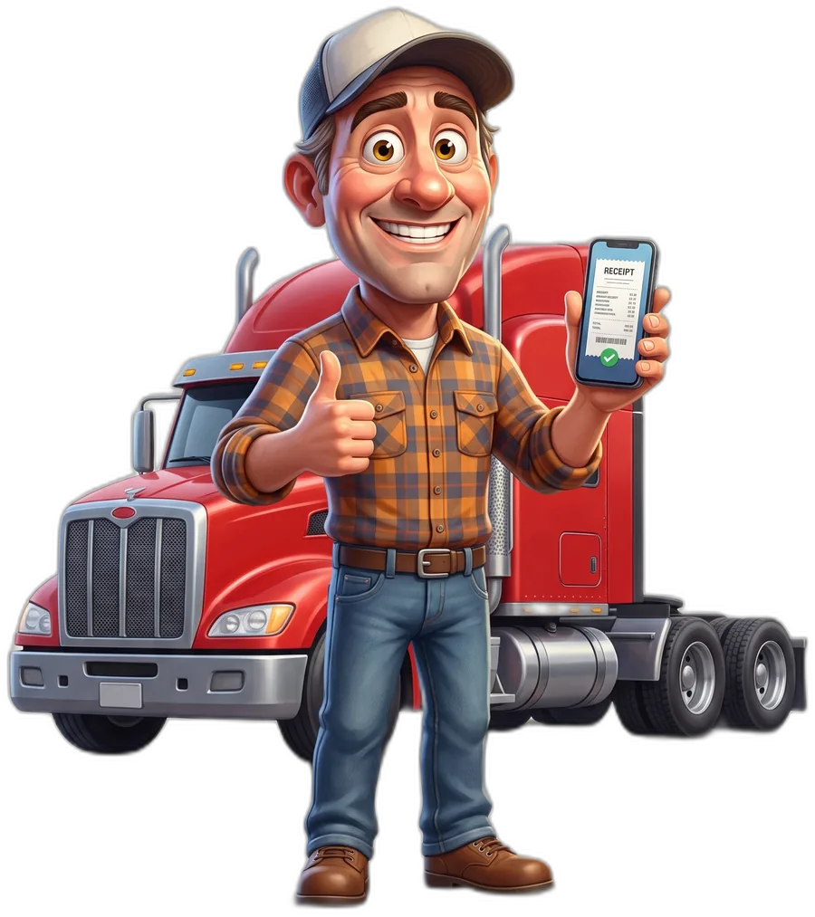 The CabSnap driver standing in front of his truck, holding up a phone showing a captured receipt